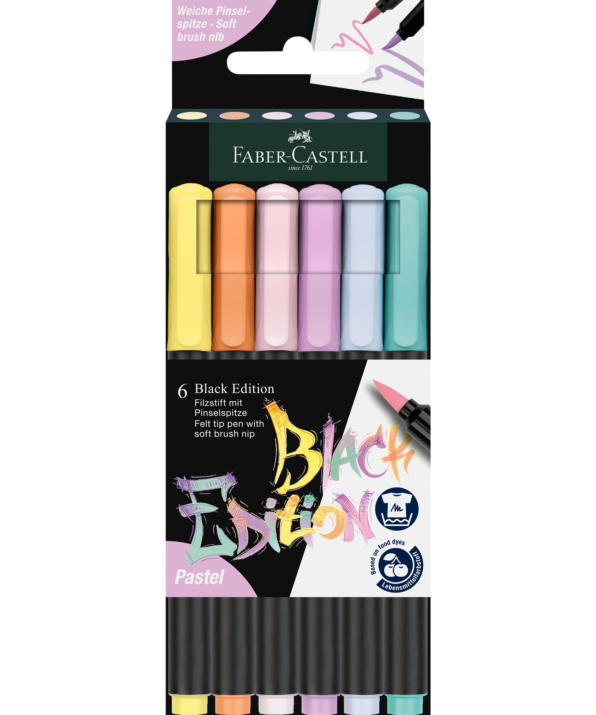 Set 6 brush pens Faber-Castell Black Edition în culori pastel, markere cu vârf pensulă pentru desen artistic, caligrafie și lettering creativ. Brush pens Faber-Castell oferă culori pastelate vibrante, aplicare uniformă și precizie excelentă, ideale pentru artiști, elevi și pasionați de artă.