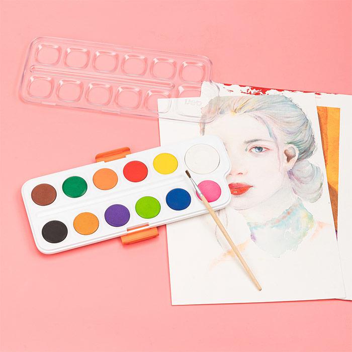 Set de acuarele Deli cu 12 culori vibrante, pensulă inclusă și tuburi de 28mm, perfect pentru pictură creativă, proiecte școlare, birou sau hobby, culori intense și ușor de amestecat, ideal pentru începători și artiști profesioniști, set complet pentru desen și proiecte artistice.