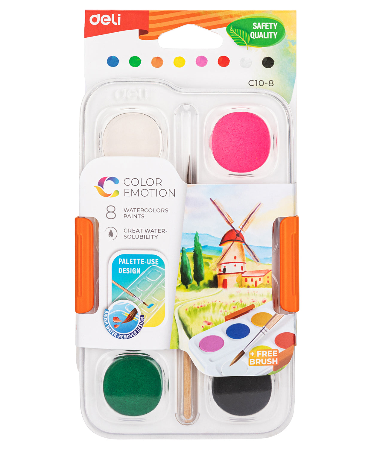 Set compact de acuarele Deli cu 8 culori vibrante și pensulă inclusă, tuburi de 28mm, ideal pentru pictură creativă, proiecte școlare, birou sau hobby, culori intense și ușor de amestecat, potrivit pentru începători și artiști, set practic pentru desen și proiecte artistice.