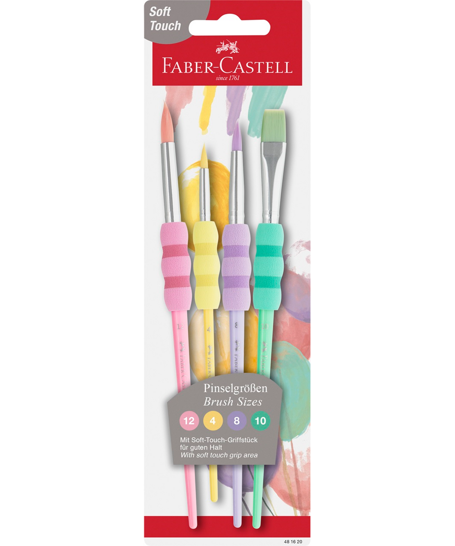 Set 4 pensule Faber-Castell Soft Touch Pastel, realizate cu mâner ergonomic și peri de calitate, ideale pentru pictură în acuarelă, acrilic și tempera. Pensulele sunt potrivite pentru artiști, elevi și pasionați de artă handmade, oferind precizie și confort în utilizare.