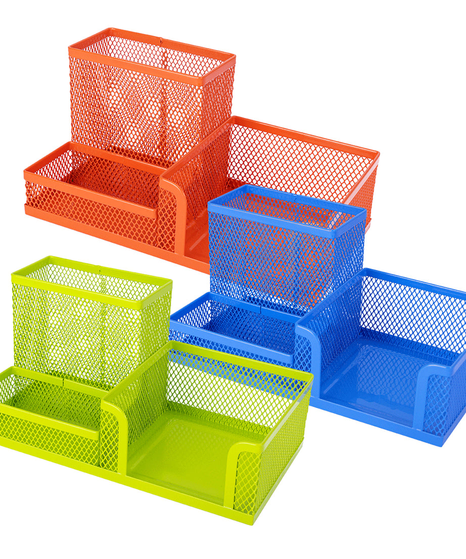 Acuarella - culori acrilice, accesorii papetarie, pensule, carioci si markere etc - Suport birou Deli cu 3 compartimente din plasa metalica colorata din categoria Uncategorized, ideal pentru scoala si teme zilnice, disponibil online cu livrare rapida