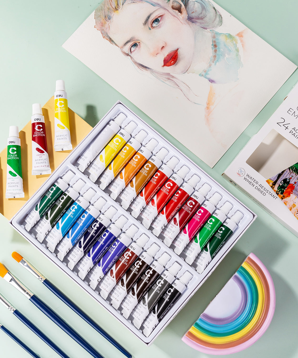 Set de tempera Deli cu 24 culori vibrante, fiecare tub de 12ml, ideal pentru pictura creativa, proiecte scolare, hobby sau birou, culori usor de aplicat si amestecat, potrivit pentru incepatori si artisti, set practic pentru desen, proiecte artistice si activitati creative.
