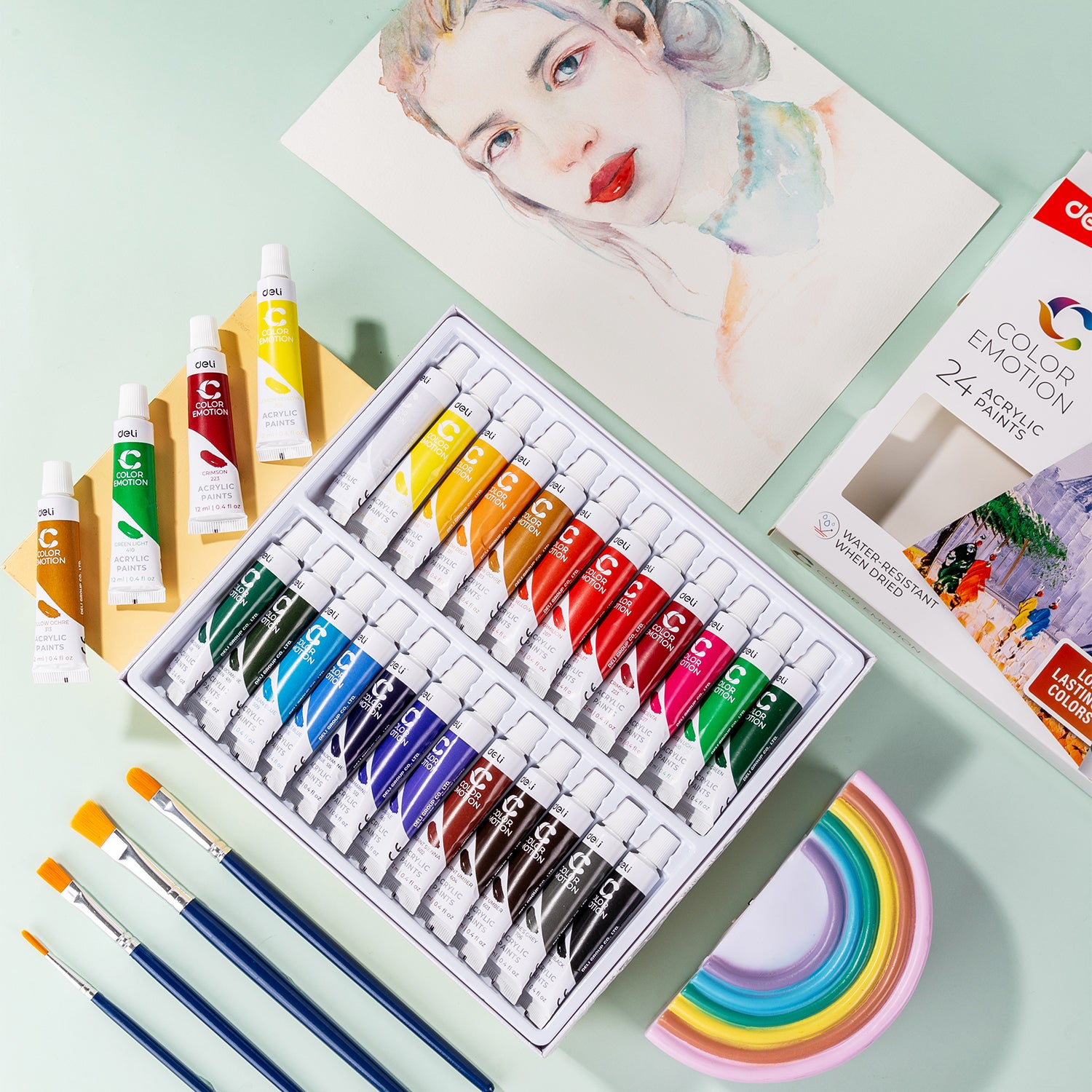 Set de tempera Deli cu 24 culori vibrante, fiecare tub de 12ml, ideal pentru pictura creativa, proiecte scolare, hobby sau birou, culori usor de aplicat si amestecat, potrivit pentru incepatori si artisti, set practic pentru desen, proiecte artistice si activitati creative.
