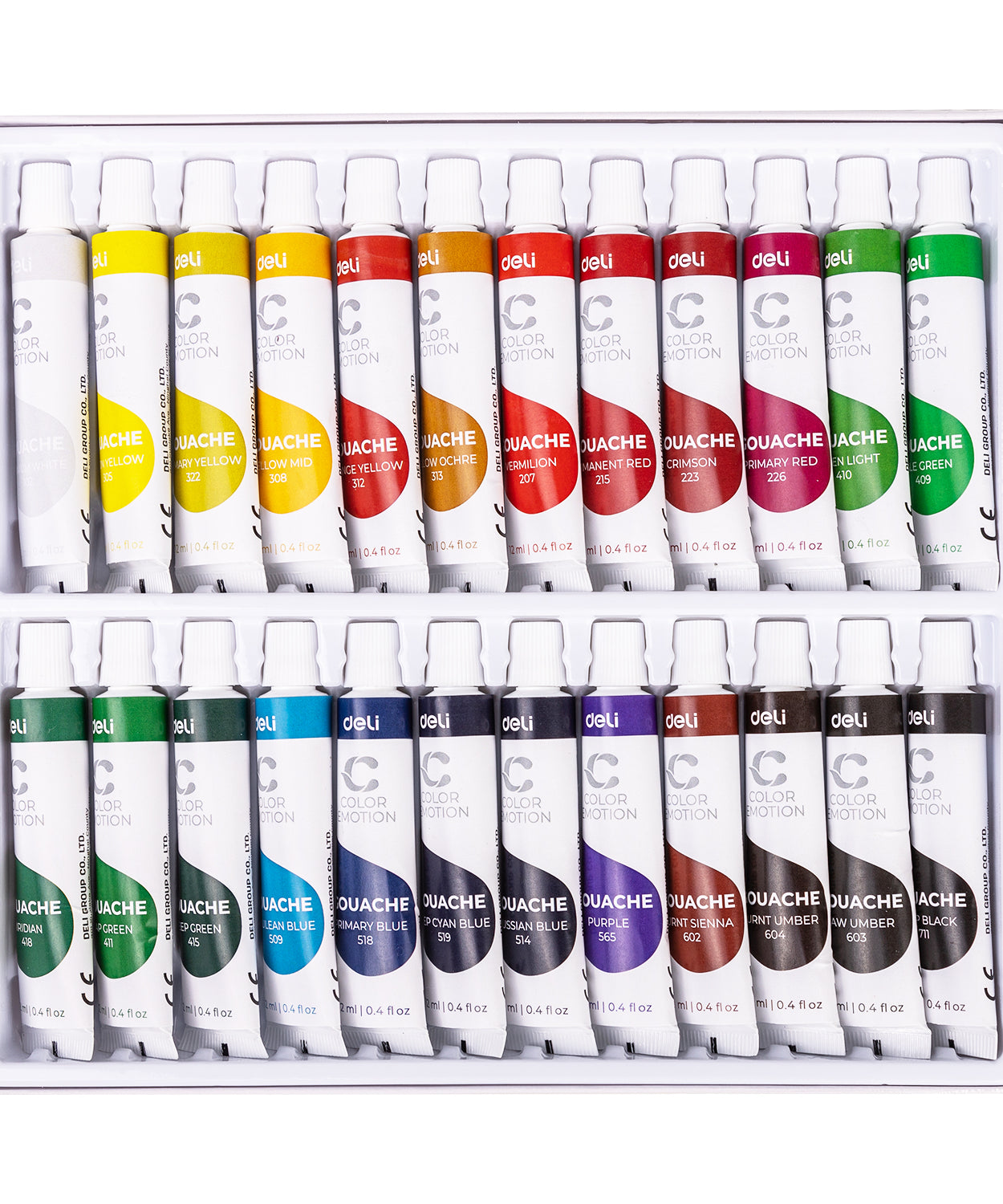 Set de tempera Deli cu 24 culori vibrante, fiecare tub de 24ml, ideal pentru pictura creativa, proiecte scolare, hobby sau birou, culori intense si usor de aplicat si amestecat, potrivit pentru incepatori si artisti profesionisti, set complet pentru desen, proiecte artistice si activitati creative.