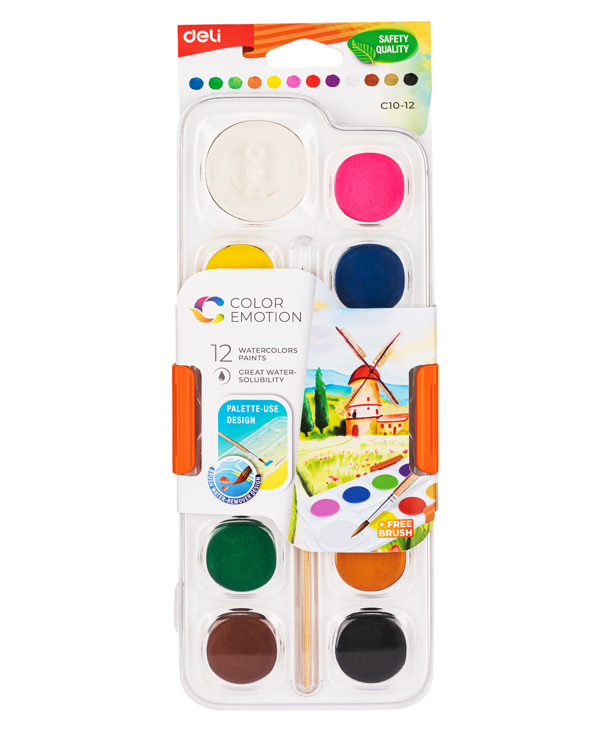 Set acuarele Deli – 12 culori, pastile de 28 mm + pensulă și suport din plastic