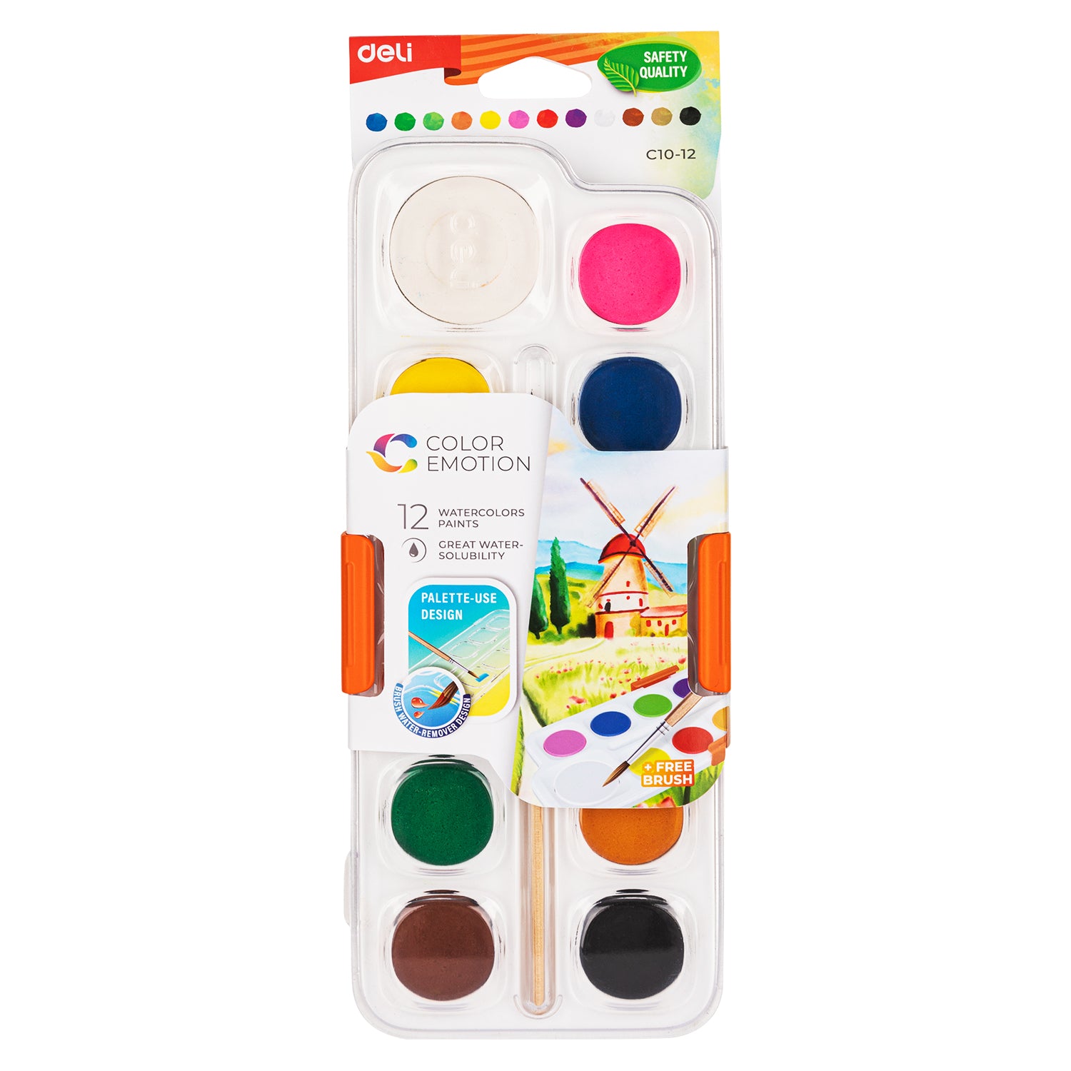 Set acuarele Deli – 12 culori, pastile de 28 mm + pensulă și suport din plastic