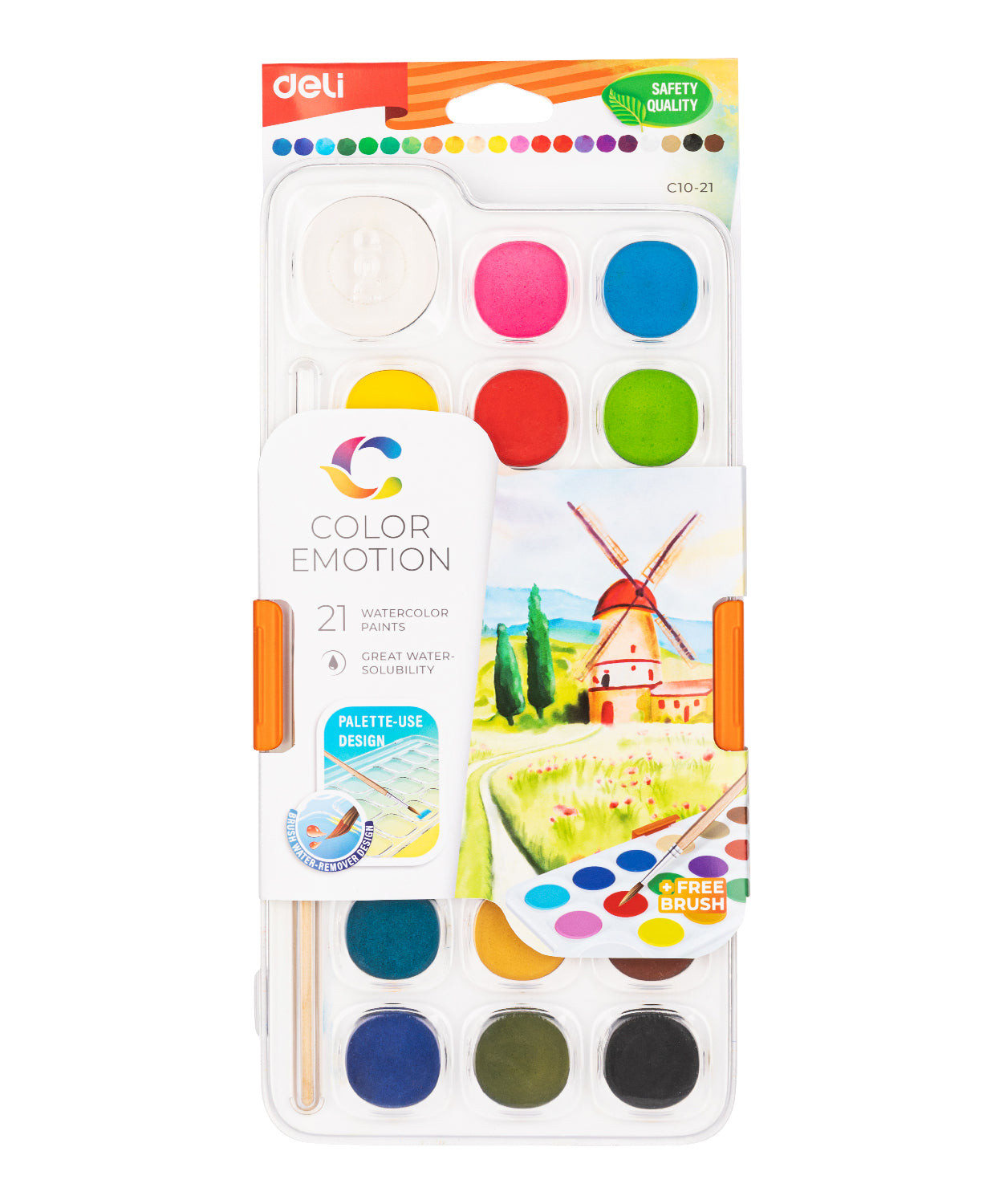 Set acuarele Deli – 21 culori, pastile de 28 mm + pensulă și suport din plastic
