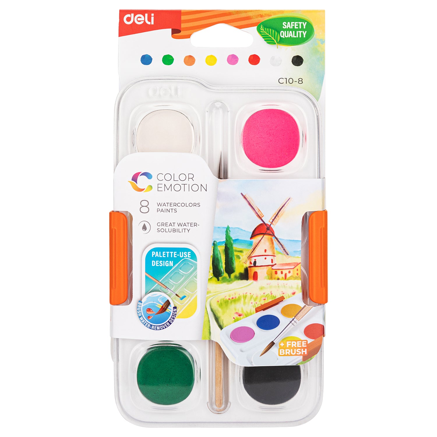 Set acuarele Deli – 8 culori, pastile de 28 mm + pensulă și suport din plastic