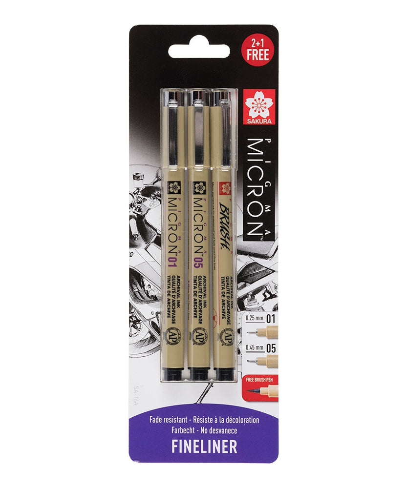 Set Sakura Micron 01/05 Black blister Pigma Brush gratis