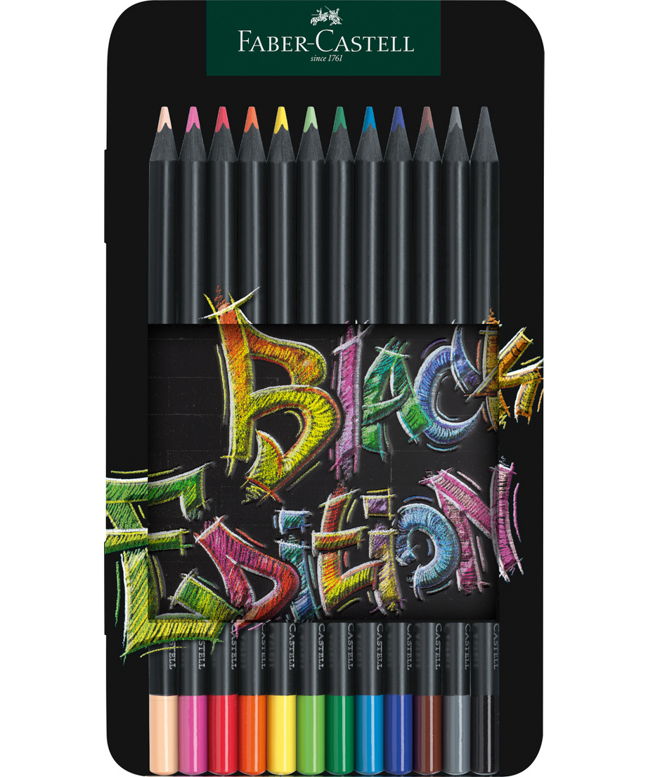 Creioane colorate set 12 culori Black Edition cutie metal Faber-Castell