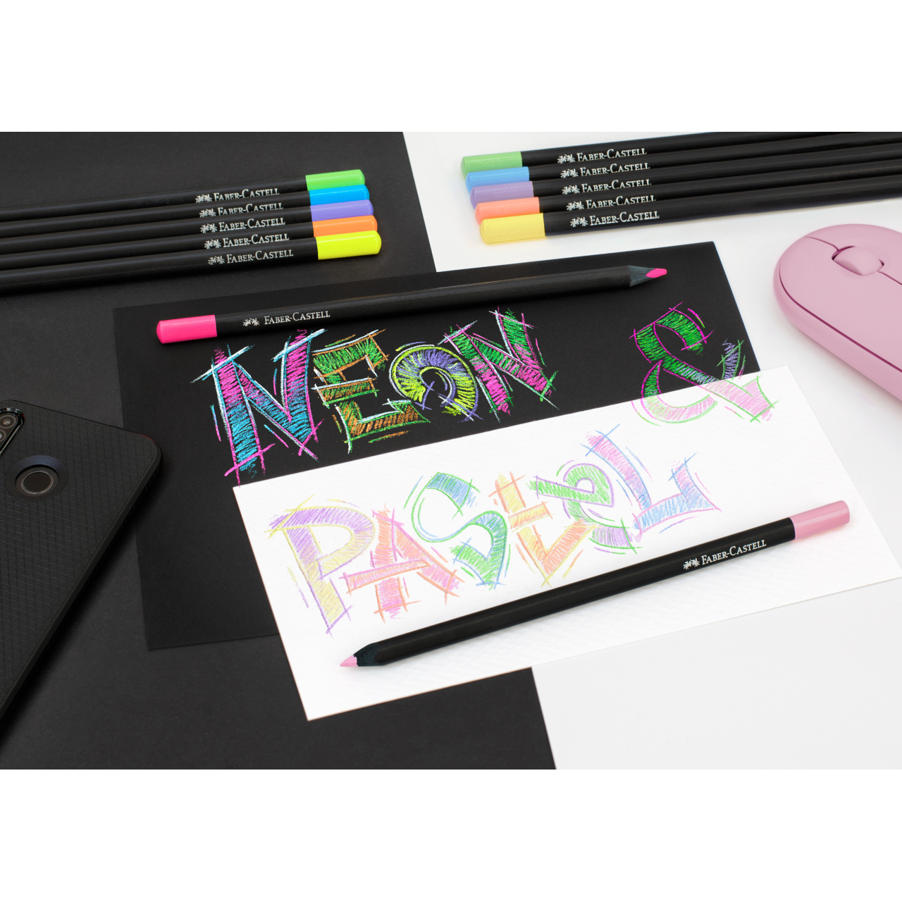 Creioane colorate set 12 culori pastel si neon Black Edition Faber-Castell