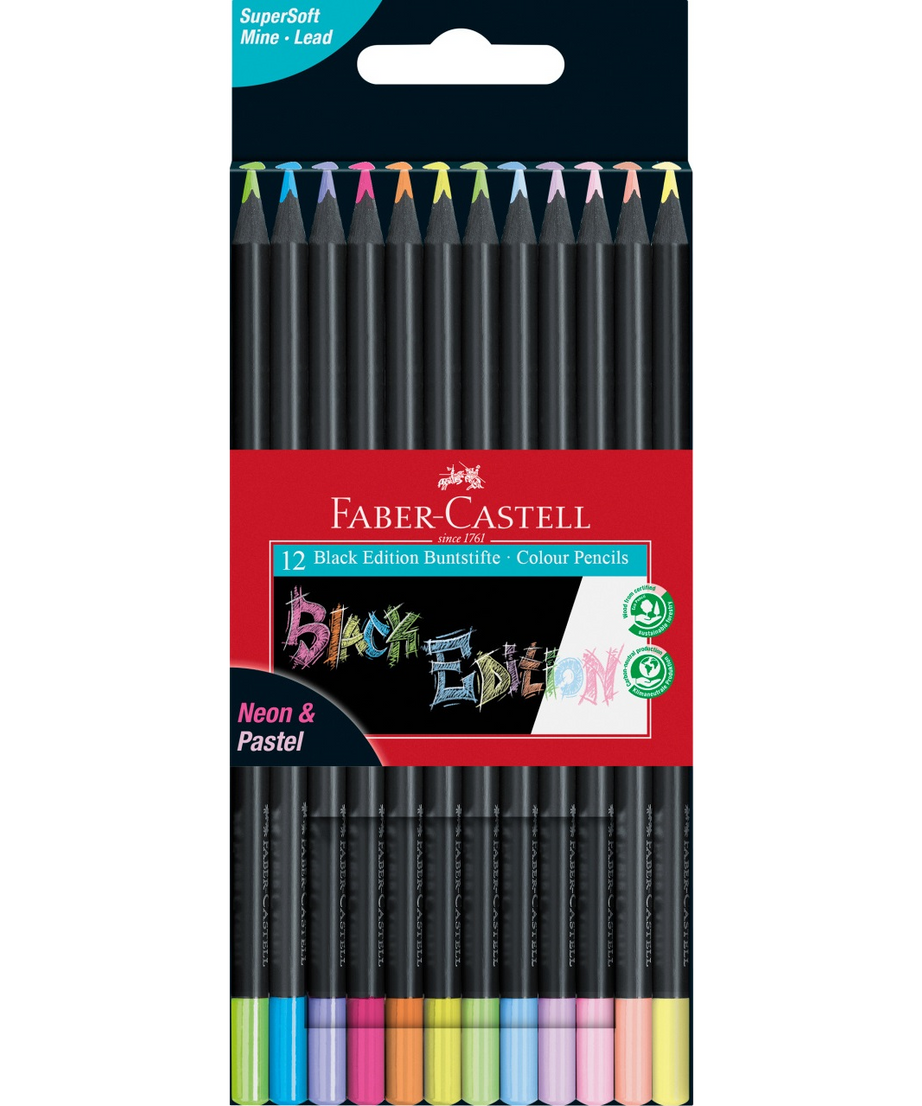 Creioane colorate set 12 culori pastel si neon Black Edition Faber-Castell