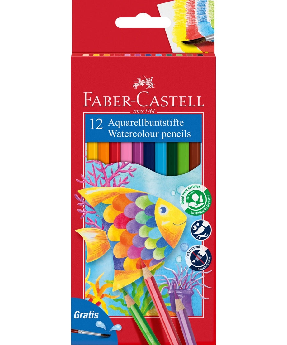 Creioane colorate acuarelabile set 12 culori + pensula Faber-Castell