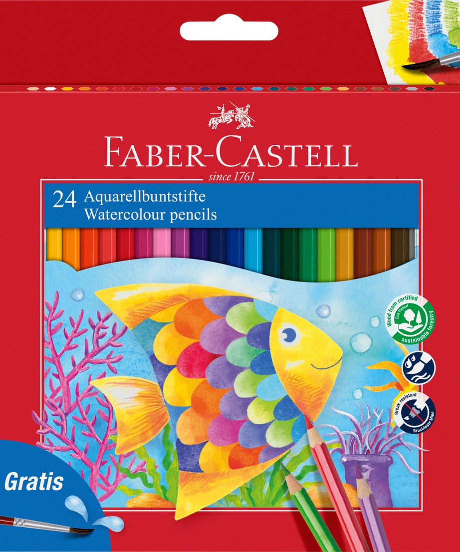 Creioane colorate acuarelabile set 24 culori + pensula Faber-Castell