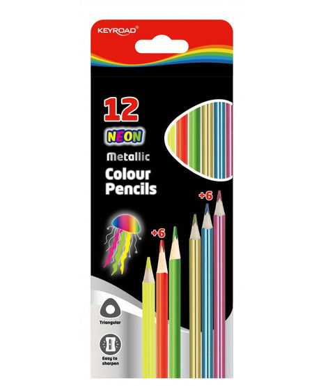 Creioane colorate metal neon Keyroad – set de creioane colorate cu efect metalic și nuanțe neon, ideale pentru desen, colorat și artă. Creioane Keyroad cu pigment intens, mină moale și rezistentă. Creioane colorate pentru școală, hobby, artiști și activități creative. Set de creioane metalice și neon pentru desen artistic.