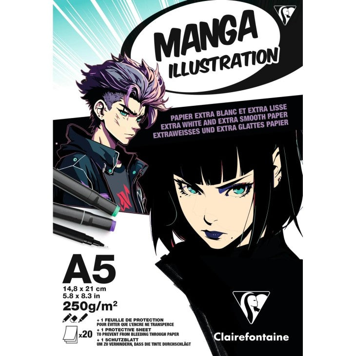 Acuarella - culori acrilice, accesorii papetarie, pensule, carioci si markere etc - Bloc de desen A5 Manga Illustration 250g/m 20 file Clairfontaine din categoria , recomandat pentru desen si activitati creative, alegere inspirata pentru papetarie moderna
