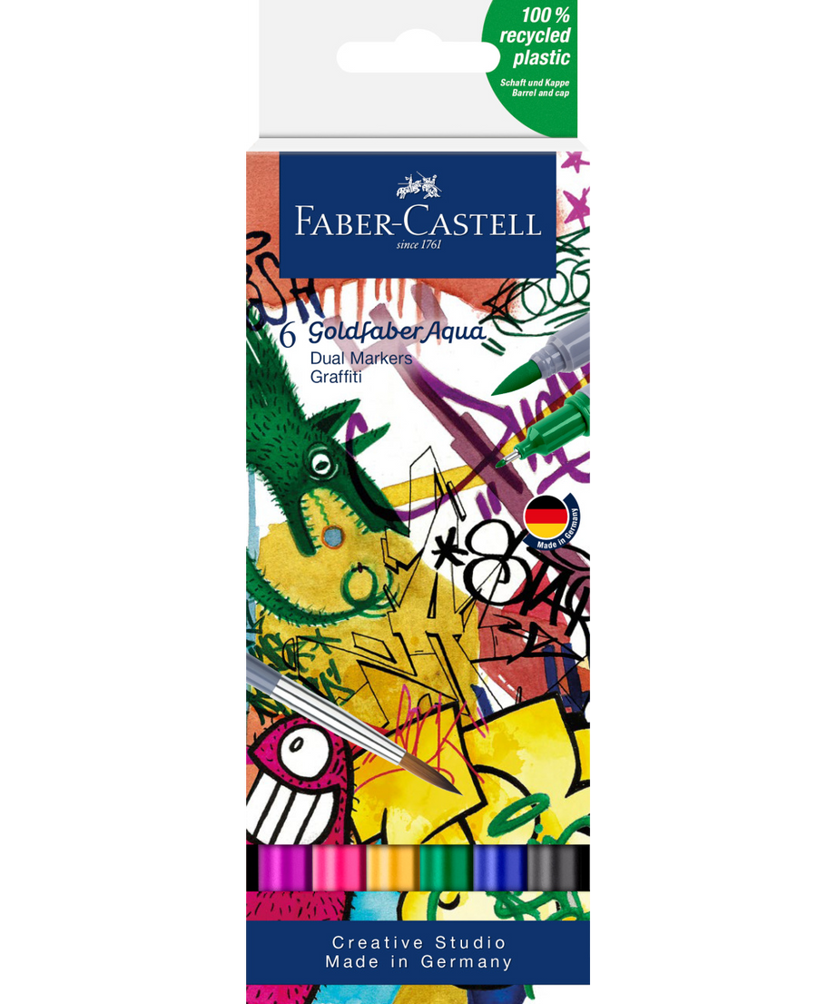 Acuarella - culori acrilice, accesorii papetarie, pensule, carioci si markere etc - Marker acuarelabil 2 capete set 6 culori Graffiti Goldfaber Faber-Castell din categoria , perfect pentru birou si organizare eficienta, disponibil online cu livrare rapida