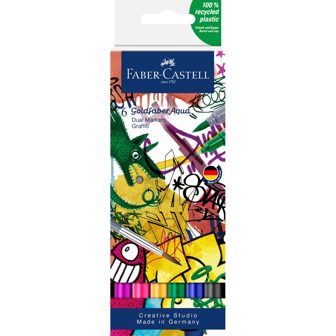 Acuarella - culori acrilice, accesorii papetarie, pensule, carioci si markere etc - Marker acuarelabil 2 capete set 6 culori Graffiti Goldfaber Faber-Castell din categoria , perfect pentru birou si organizare eficienta, disponibil online cu livrare rapida