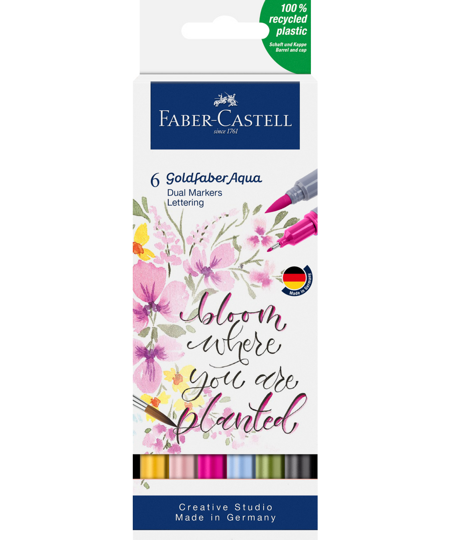 Acuarella - culori acrilice, accesorii papetarie, pensule, carioci si markere etc - Marker acuarelabil 2 capete set 6 culori Lettering Goldfaber Faber-Castell din categoria , recomandat pentru desen si activitati creative, calitate premium pentru rezultate excelente