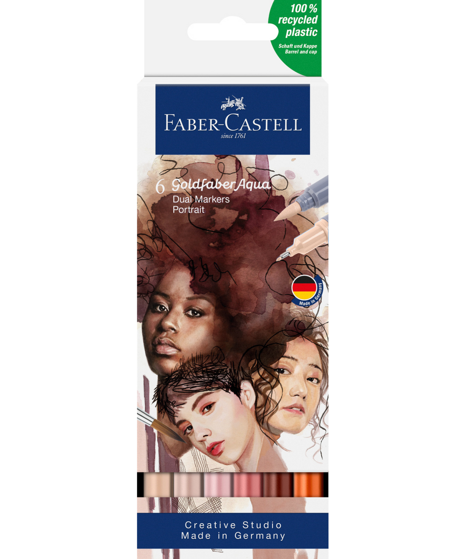 Acuarella - culori acrilice, accesorii papetarie, pensule, carioci si markere etc - Marker acuarelabil 2 capete set 6 culori Portret Goldfaber Faber-Castell din categoria , perfect pentru birou si organizare eficienta, pret avantajos in magazin online