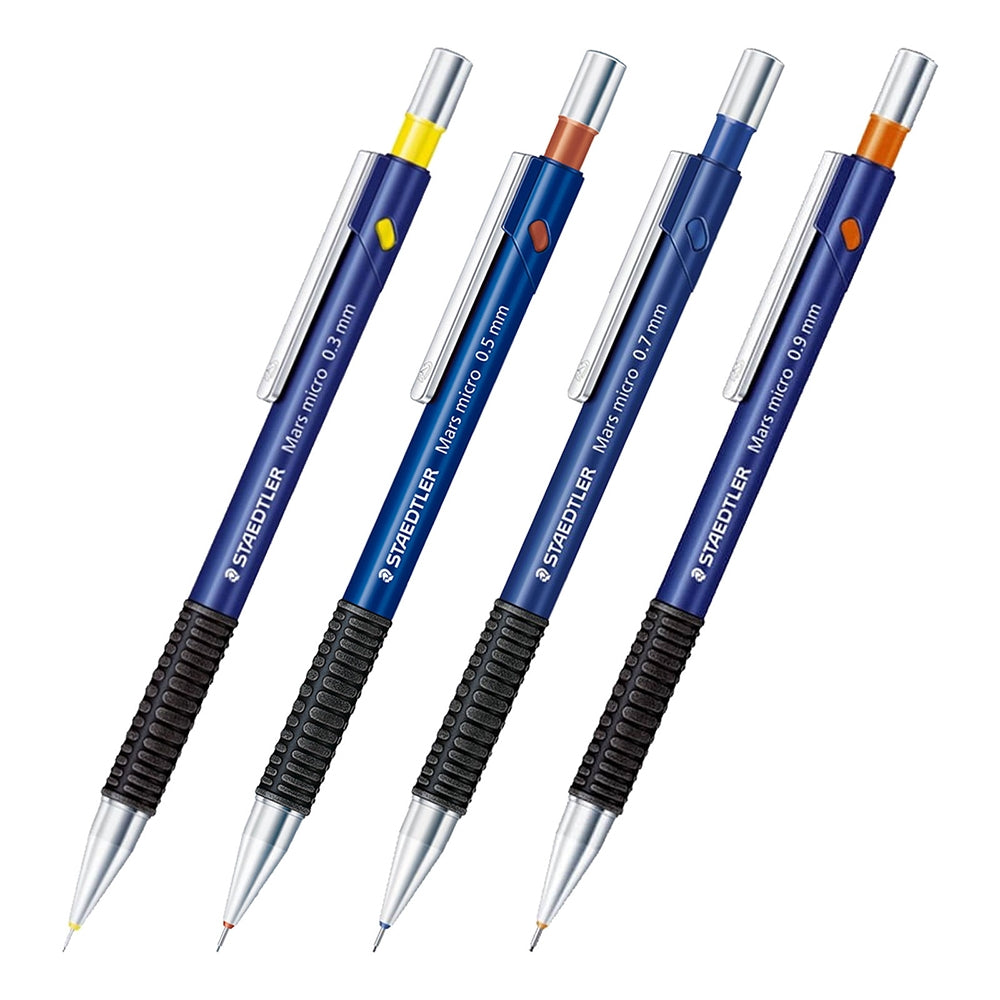 Staedtler Mars Micro 775 este un creion mecanic profesional, cu grip confortabil, ghidaj metalic al minei și radieră integrată. Ideal pentru scris, schițe și desen tehnic. Disponibil în grosimi 0.3, 0.5 și 0.7 mm.