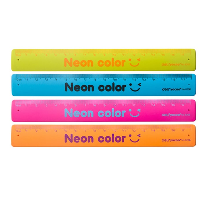 Rigla flexibila Deli 18 cm din otel cauciucat colorat – design inovator si culori neon