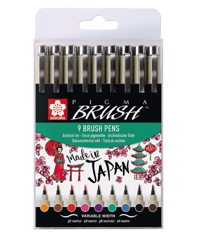 Acuarella - culori acrilice, accesorii papetarie, pensule, carioci si markere etc - Set 9 markere cu varf flexibil Sakura Pigma Brush din categoria Arts & Entertainment > Hobbies & Creative Arts > Arts & Crafts > Art & Crafting Materials > Craft Paint, Ink & Glaze > Art Ink > Drawing Ink, ideal pentru scoala si teme zilnice, pret avantajos in magazin online