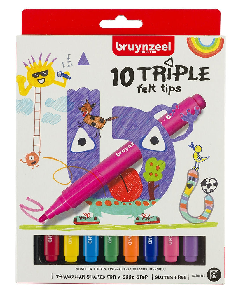 Acuarella - culori acrilice, accesorii papetarie, pensule, carioci si markere etc - Set carioci Bruynzeel Felt Tips Triple Set 10 din categoria , potrivit pentru uz profesional si hobby, produs original disponibil din stoc