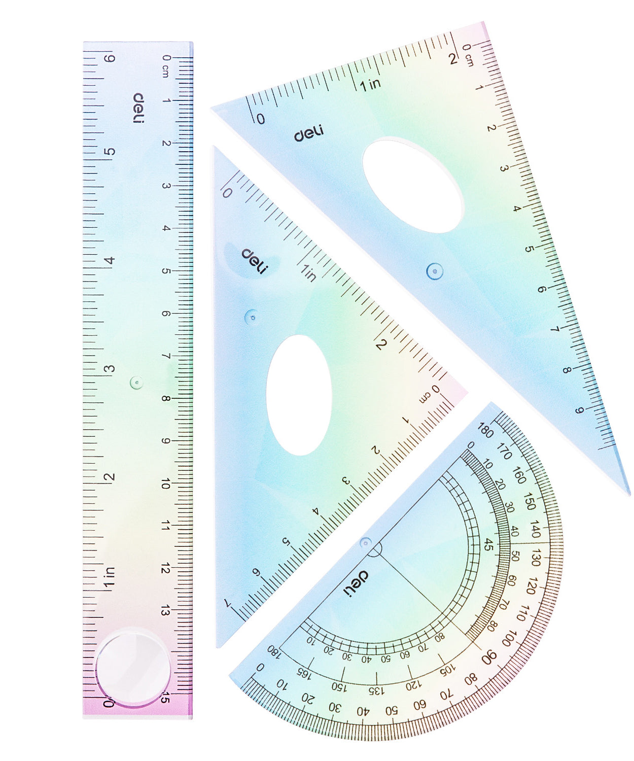 Acuarella - culori acrilice, accesorii papetarie, pensule, carioci si markere etc - Set geometrie 4 piese cu rigla de 15cm multicolor Deli din categoria , perfect pentru birou si organizare eficienta, produs original disponibil din stoc