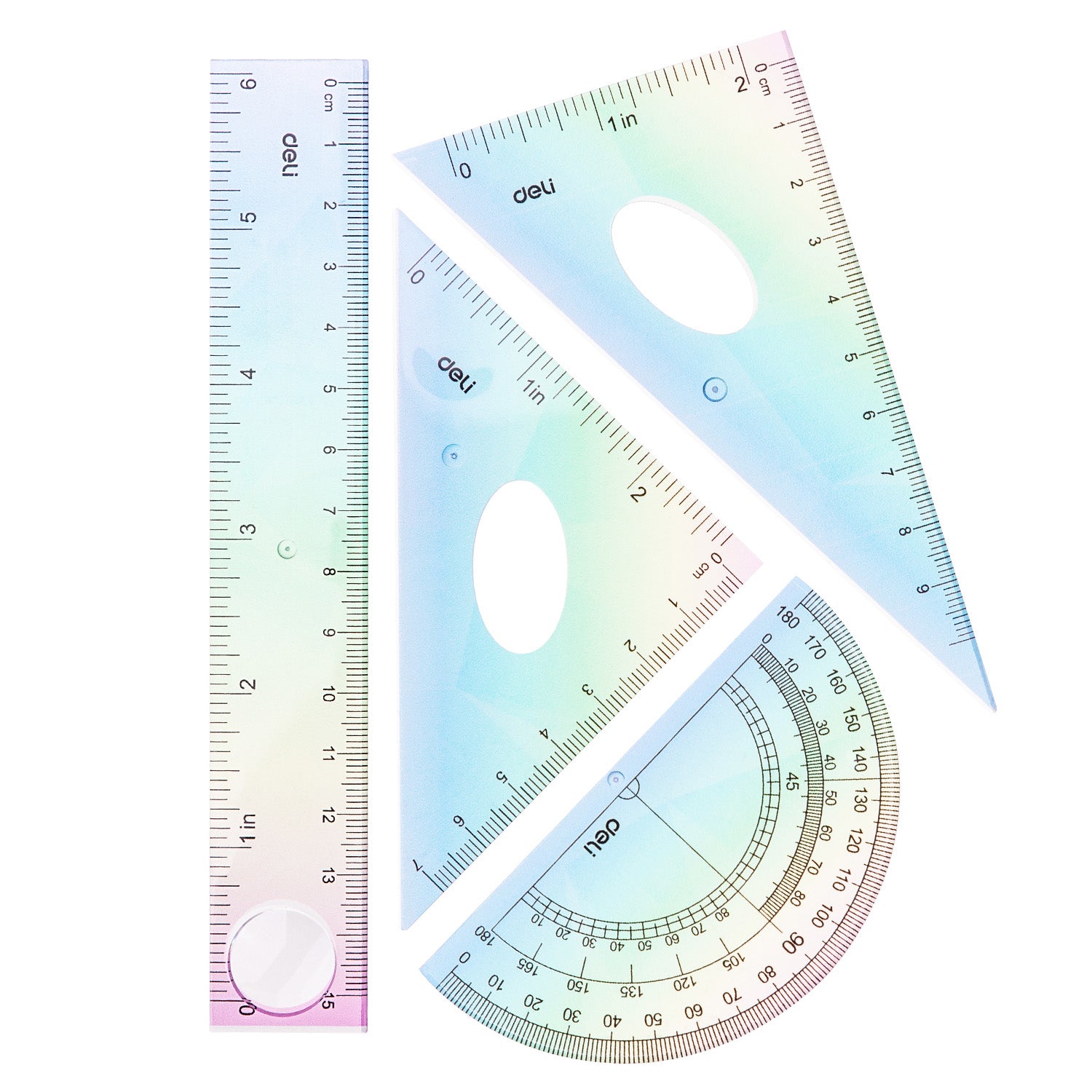 Acuarella - culori acrilice, accesorii papetarie, pensule, carioci si markere etc - Set geometrie 4 piese cu rigla de 15cm multicolor Deli din categoria , perfect pentru birou si organizare eficienta, produs original disponibil din stoc