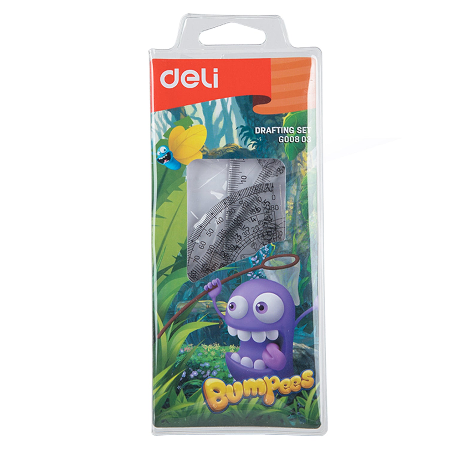 Set geometrie 4 piese transparente cu rigla de 15cm Bumpees Deli