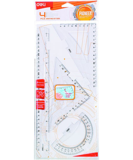 Acuarella - culori acrilice, accesorii papetarie, pensule, carioci si markere etc - Set geometrie 4 piese transparente cu rigla de 30cm Deli din categoria , ideal pentru scoala si teme zilnice, produs original disponibil din stoc
