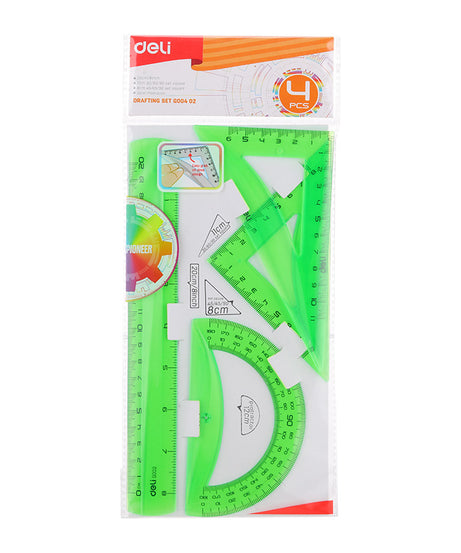 Set geometrie Deli, 4 piese colorate fluorescente – riglă de 15 cm, două echere și raportor de 10 cm. Realizat din plastic rezistent la zgârieturi, ideal pentru școală și desen geometric precis. Accesoriu educațional colorat pentru elevi și activități de papetărie.