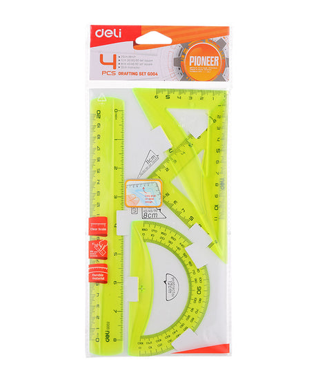 Set Geometrie Deli 4 piese – culori fluorescente, include riglă de 15 cm, două echere și raportor. Realizat din plastic transparent și rezistent, ideal pentru școală, birou și desen geometric precis. Set educațional colorat, perfect pentru elevi, proiecte și activități de papetărie.