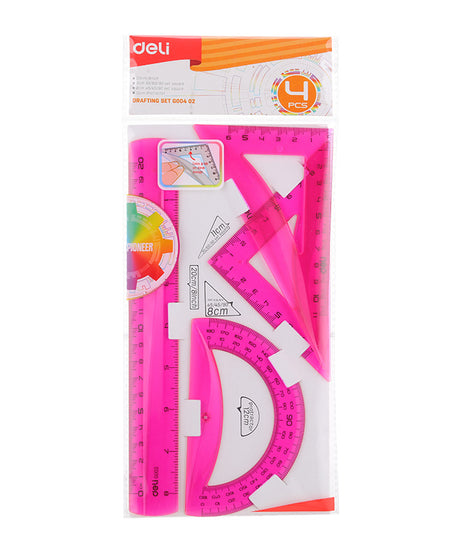 Set Geometrie Deli 4 piese roz – culori fluorescente, riglă de 15 cm, două echere și raportor. Realizat din plastic transparent și durabil, ideal pentru școală, birou și desen geometric. Set educațional în nuanță roz vibrant, perfect pentru elevi și activități de papetărie colorate.