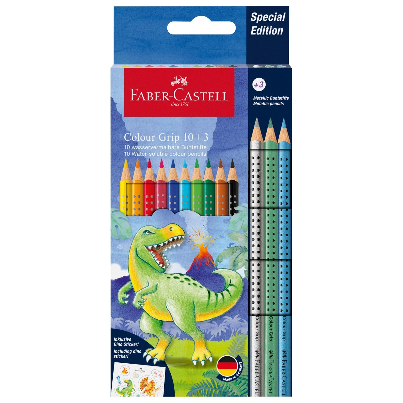 Creioane colorate 10+3 culori grip dinozauri Faber-Castell