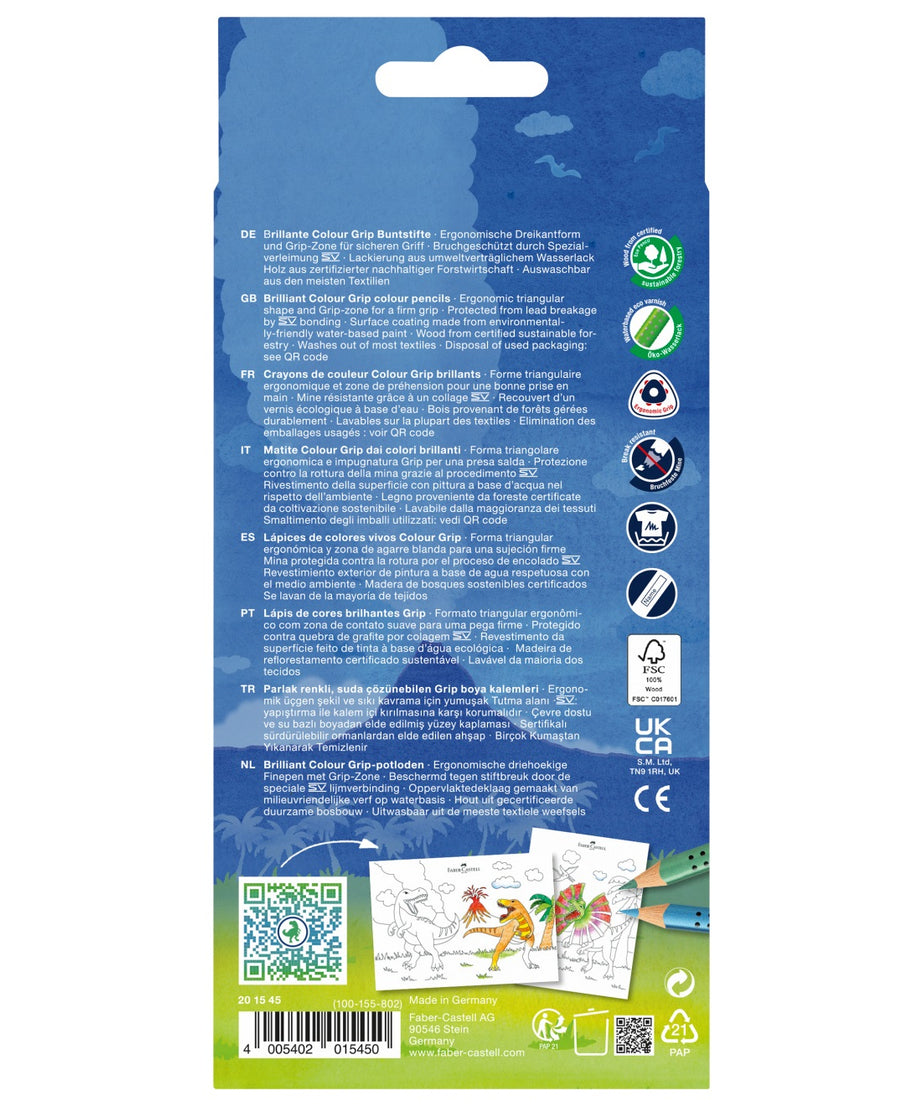 Creioane colorate 10+3 culori grip dinozauri Faber-Castell