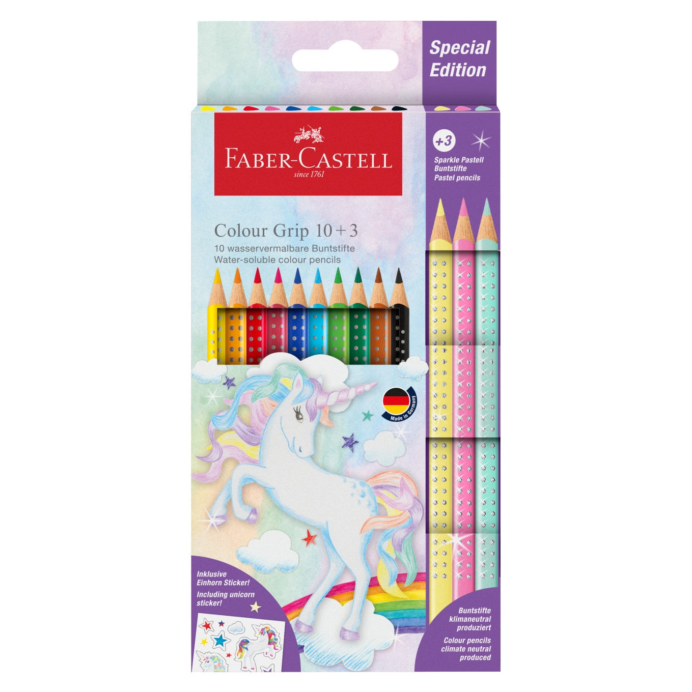 Creioane colorate 10+3 culori grip unicorni Faber-Castell