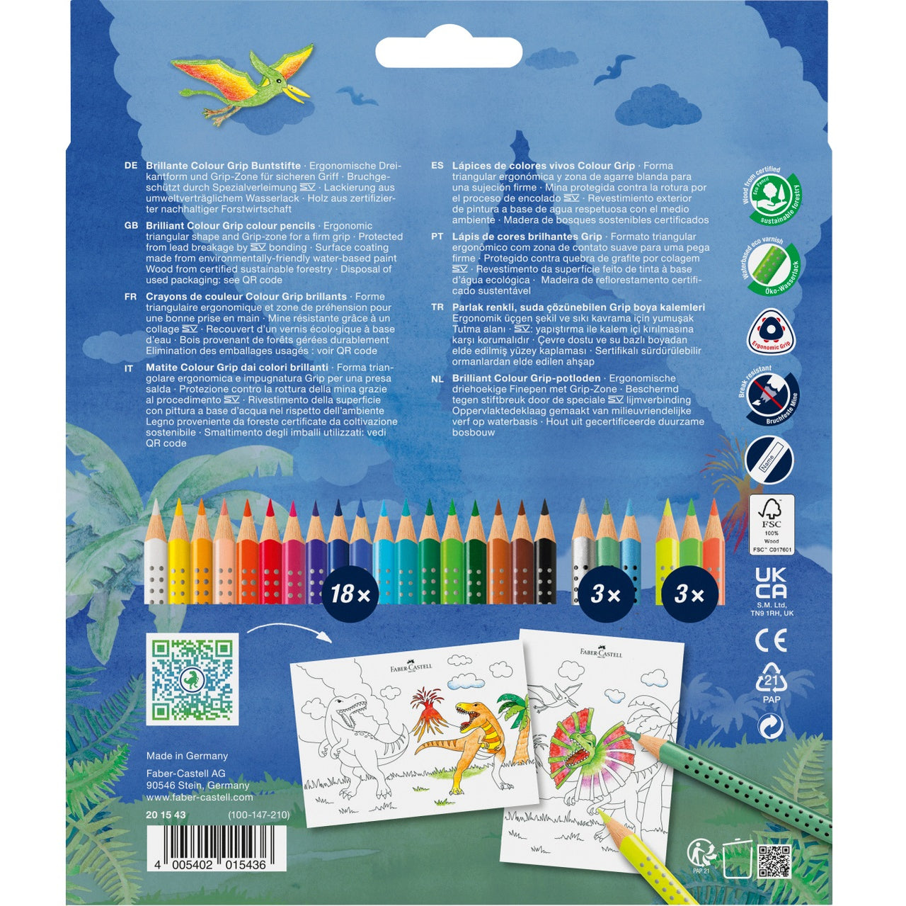 Creioane colorate 18+6 culori grip dinozauri Faber-Castell