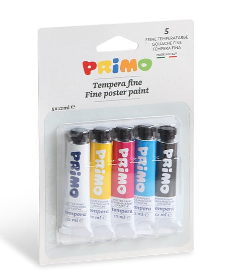 Acuarella - culori acrilice, accesorii papetarie, pensule, carioci si markere etc - Set tempera fina Primo – 5 tuburi x 12 ml cu culori primare, alb și negru din categoria Arts & Entertainment > Hobbies & Creative Arts > Arts & Crafts > Art & Crafting Materials > Craft Paint, Ink & Glaze > Art & Craft Paint, excelent pentru proiecte artistice si craft, alegere inspirata pentru papetarie moderna